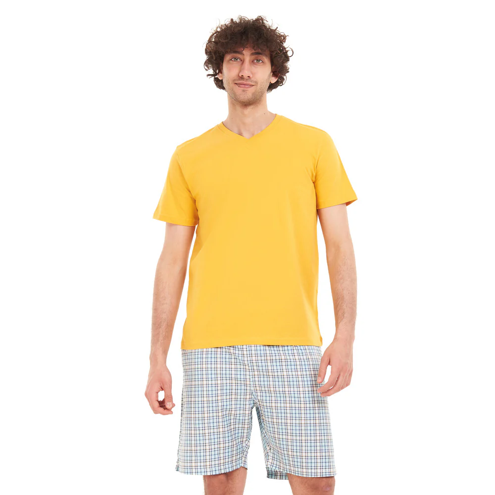 Men summer pajama set Yellow T-shirt + Blue x yellow checkered short - Image 5