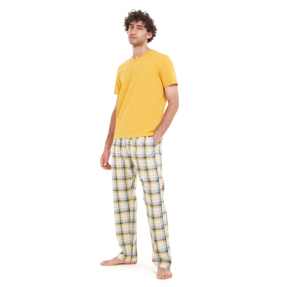 Men summer pajama set Yellow T-shirt + White x Green Checkered pants - Image 2