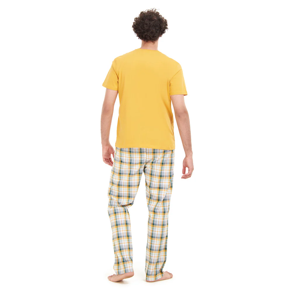 Men summer pajama set Yellow T-shirt + White x Green Checkered pants - Image 3