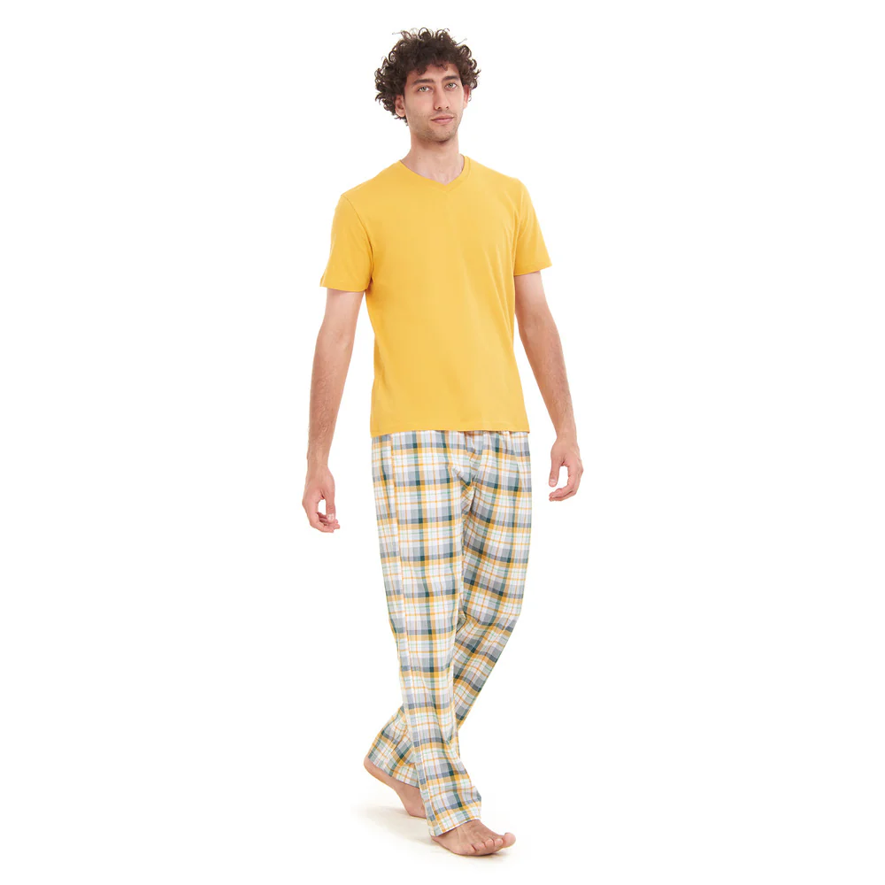 Men summer pajama set Yellow T-shirt + White x Green Checkered pants - Image 4