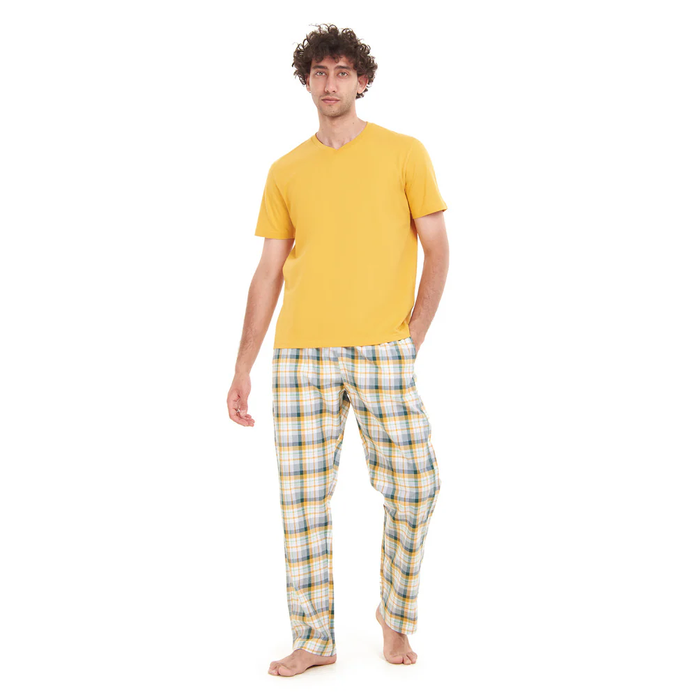Men summer pajama set Yellow T-shirt + White x Green Checkered pants - Image 5