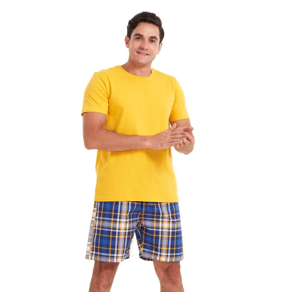 Men summer pajama set Yellow T-shirt +Yellow checkered shorts