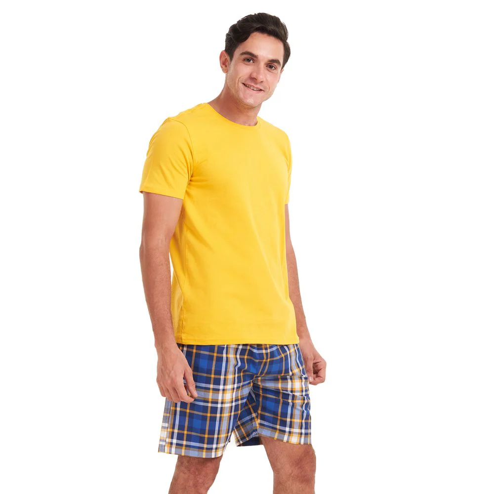 Men summer pajama set Yellow T-shirt +Yellow checkered shorts - Image 2