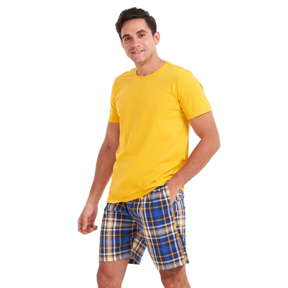 Men summer pajama set Yellow T-shirt +Yellow checkered shorts - Image 3