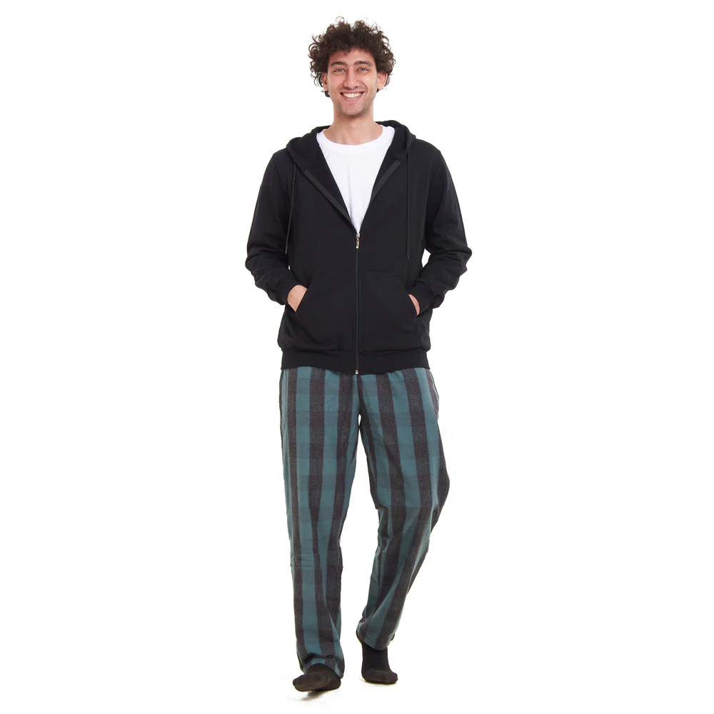 Men Winter Pajama 3 PCS Set Black Sweatshirt +Off-white t-shirt + Black x Dark Green Checkered Pants