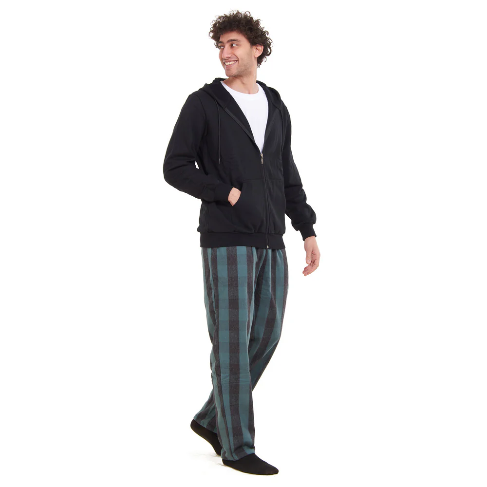 Men Winter Pajama 3 PCS Set Black Sweatshirt +Off-white t-shirt + Black x Dark Green Checkered Pants - Image 2