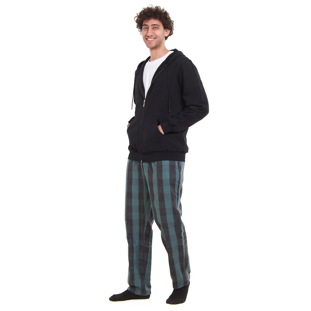 Men Winter Pajama 3 PCS Set Black Sweatshirt +Off-white t-shirt + Black x Dark Green Checkered Pants - Image 3
