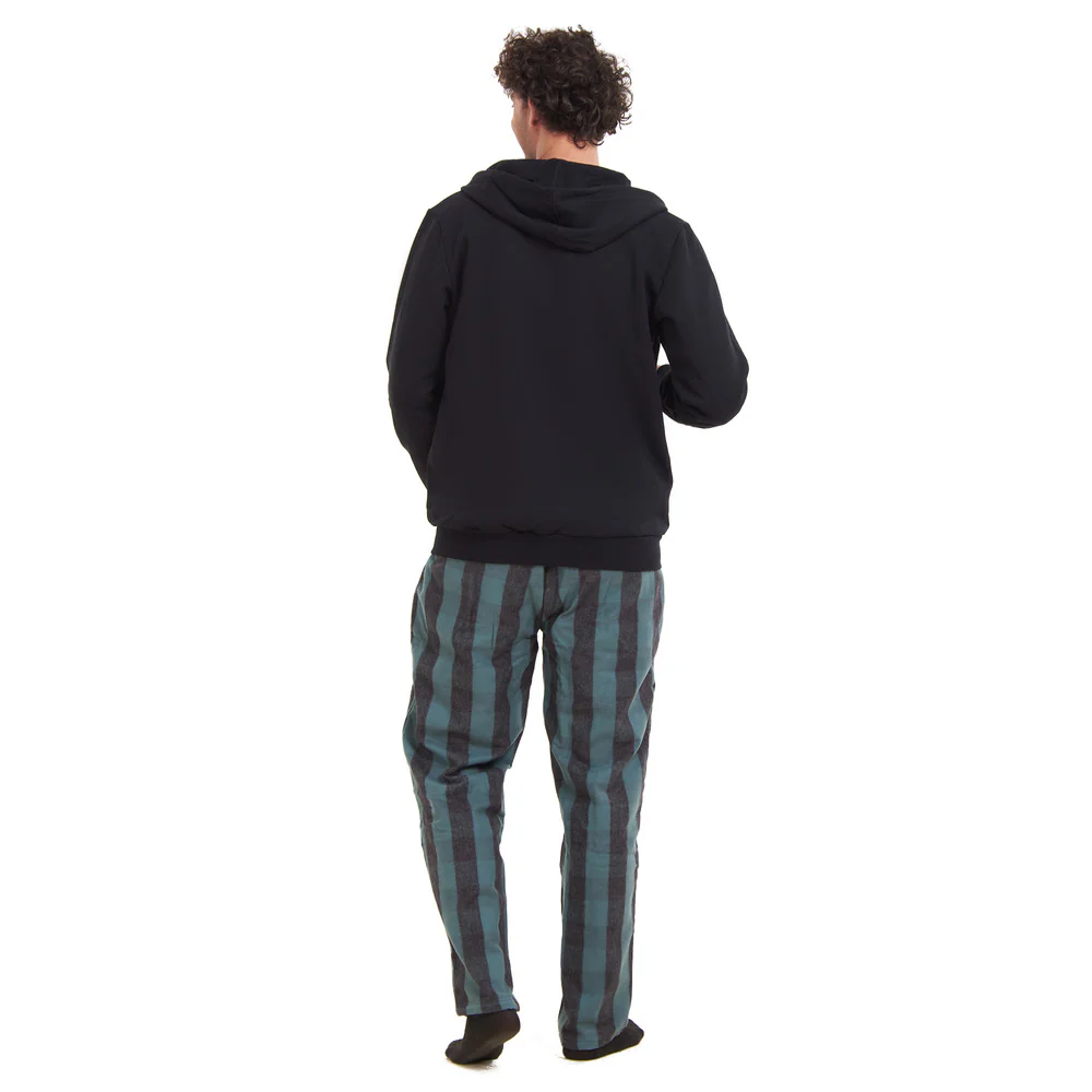 Men Winter Pajama 3 PCS Set Black Sweatshirt +Off-white t-shirt + Black x Dark Green Checkered Pants - Image 4