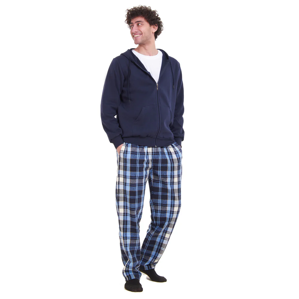 Men Winter Pajama 3 PCS Set Dark Blue Sweatshirt +Off-white T-shirt+ Light Blue x Dark Blue Checkered Pants - Image 2