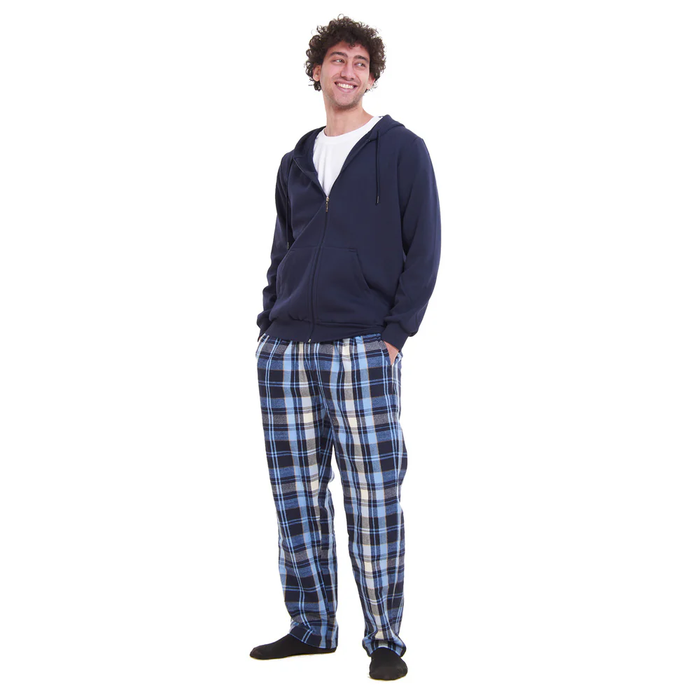 Men Winter Pajama 3 PCS Set Dark Blue Sweatshirt +Off-white T-shirt+ Light Blue x Dark Blue Checkered Pants - Image 3