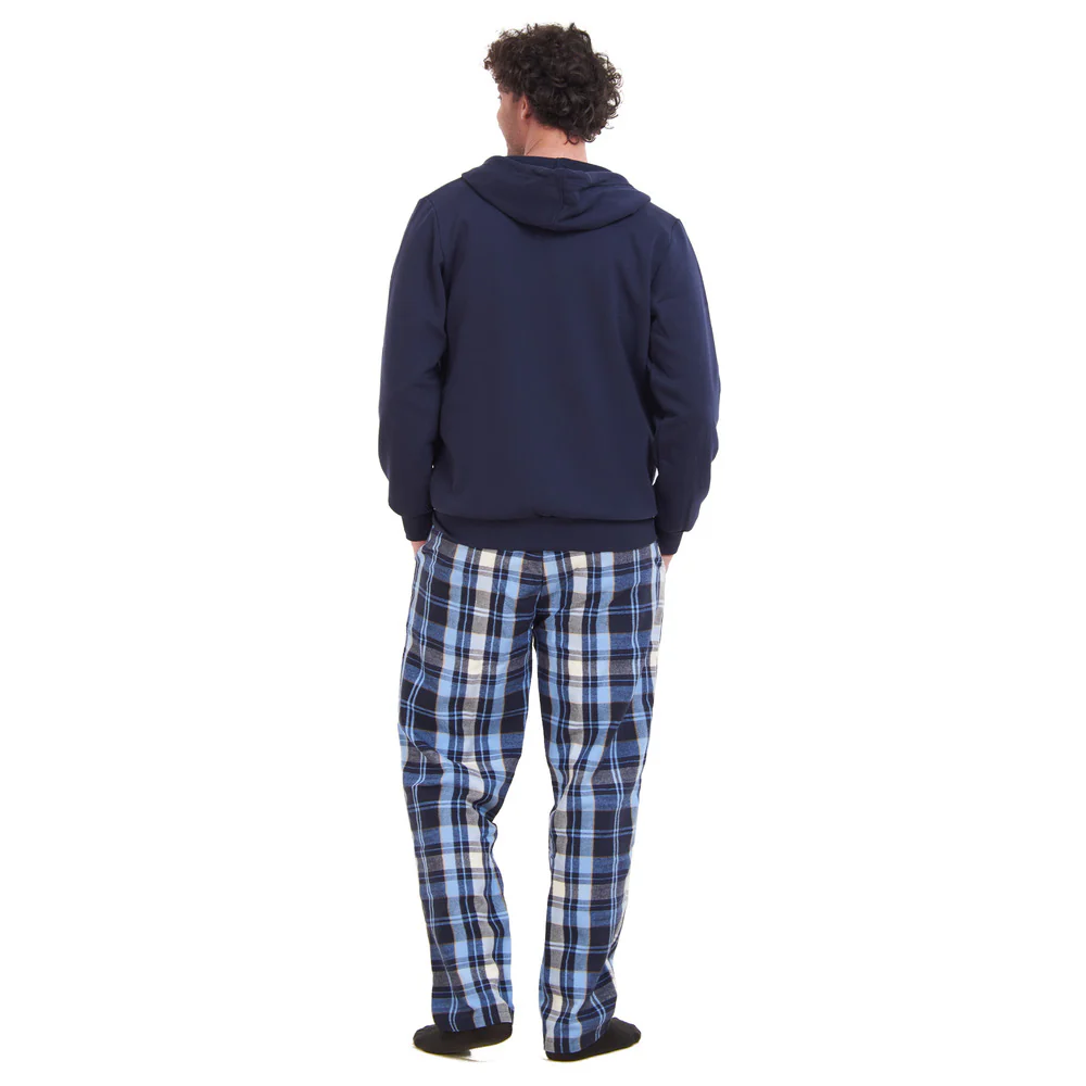 Men Winter Pajama 3 PCS Set Dark Blue Sweatshirt +Off-white T-shirt+ Light Blue x Dark Blue Checkered Pants - Image 4