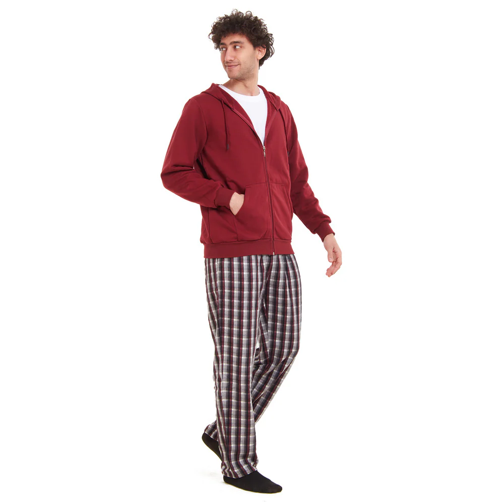 Men Winter Pajama 3 PCS Set Dark Red Sweatshirt +Off-white t-shirt + Dark Red x Black Checkered Pants - Image 2