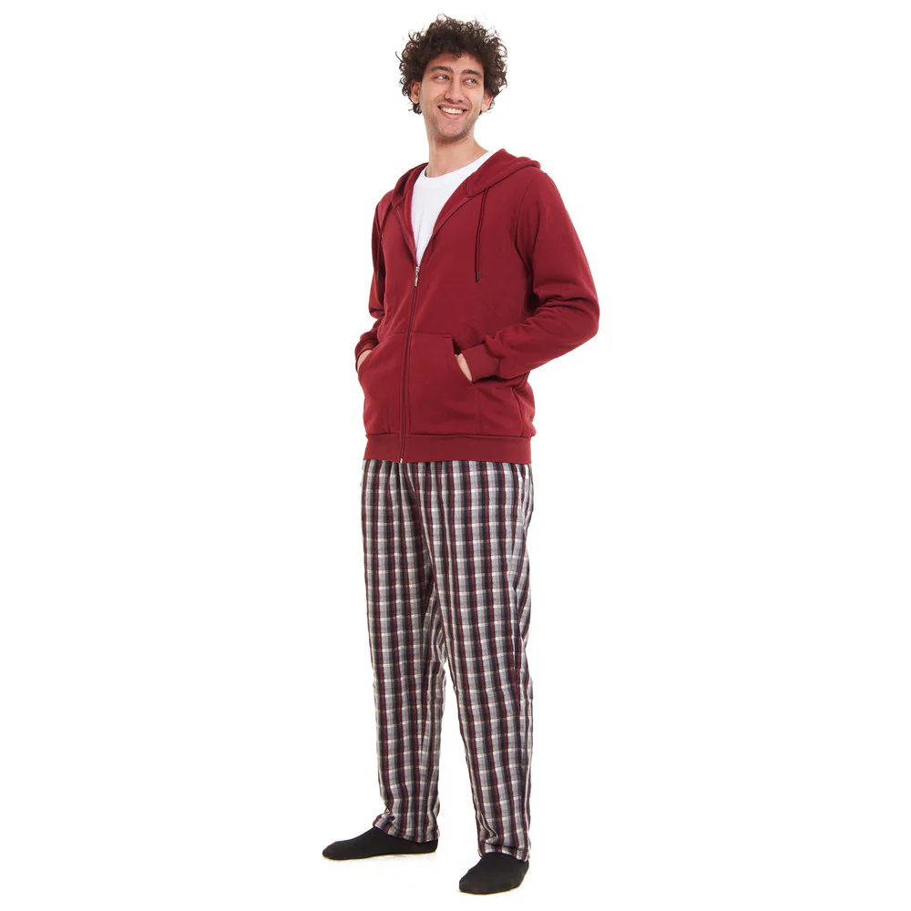Men Winter Pajama 3 PCS Set Dark Red Sweatshirt +Off-white t-shirt + Dark Red x Black Checkered Pants - Image 3