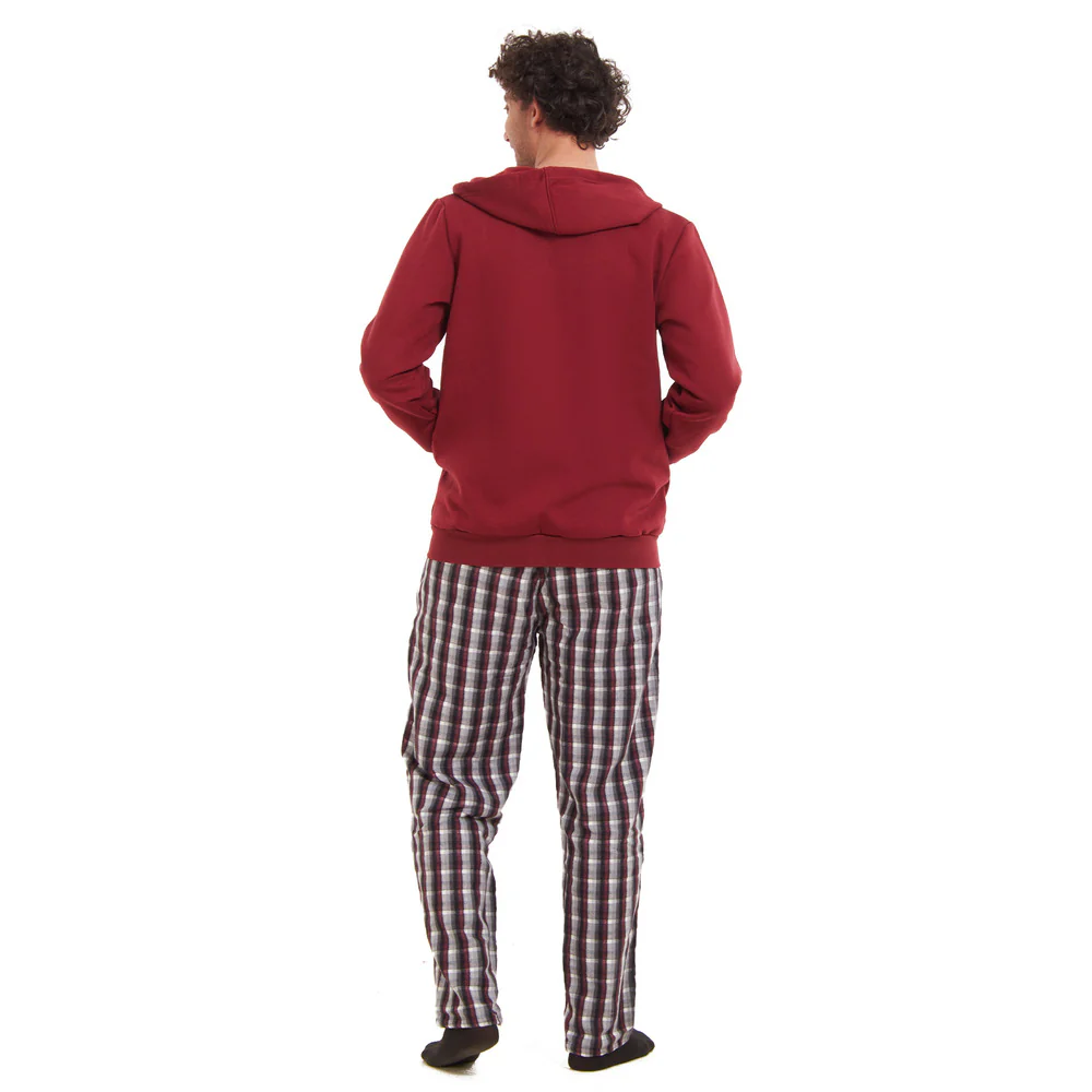 Men Winter Pajama 3 PCS Set Dark Red Sweatshirt +Off-white t-shirt + Dark Red x Black Checkered Pants - Image 4