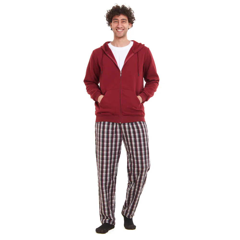 Men Winter Pajama 3 PCS Set Dark Red Sweatshirt +Off-white t-shirt + Dark Red x Black Checkered Pants - Image 5