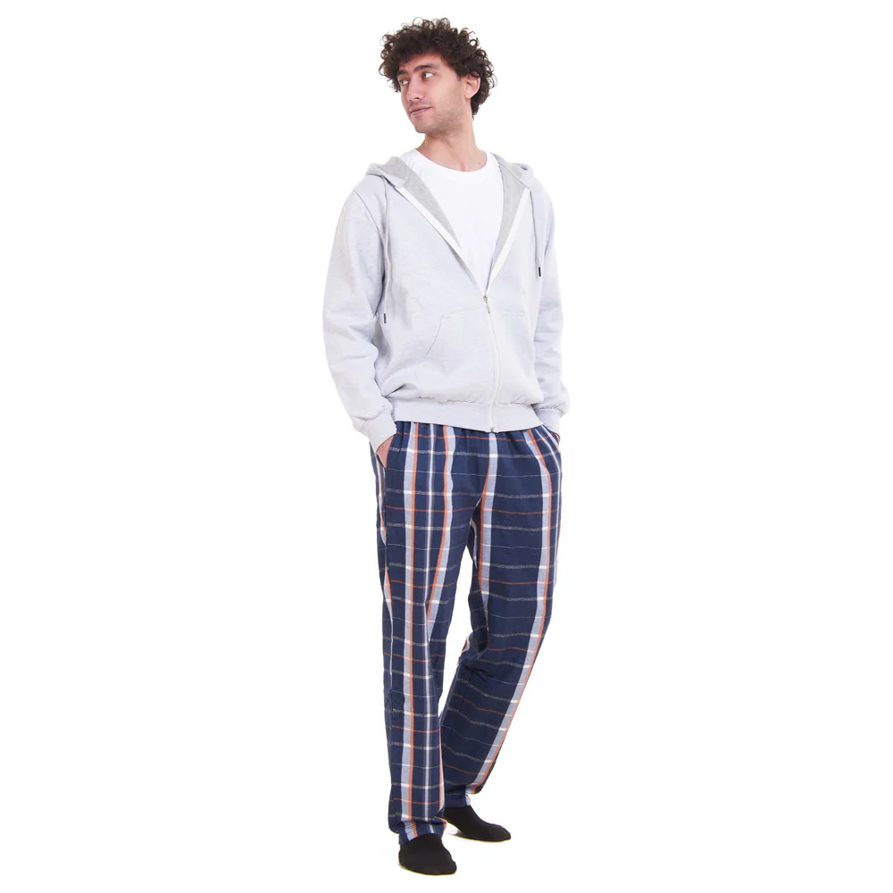 Men Winter Pajama 3 PCS Set Light Grey Sweatshirt +Off-white top+ White x Dark Blue Checkered Pants - Image 2