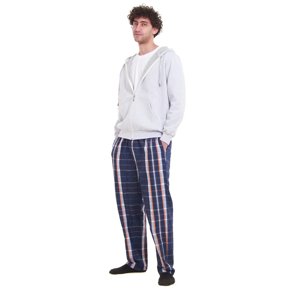 Men Winter Pajama 3 PCS Set Light Grey Sweatshirt +Off-white top+ White x Dark Blue Checkered Pants - Image 4