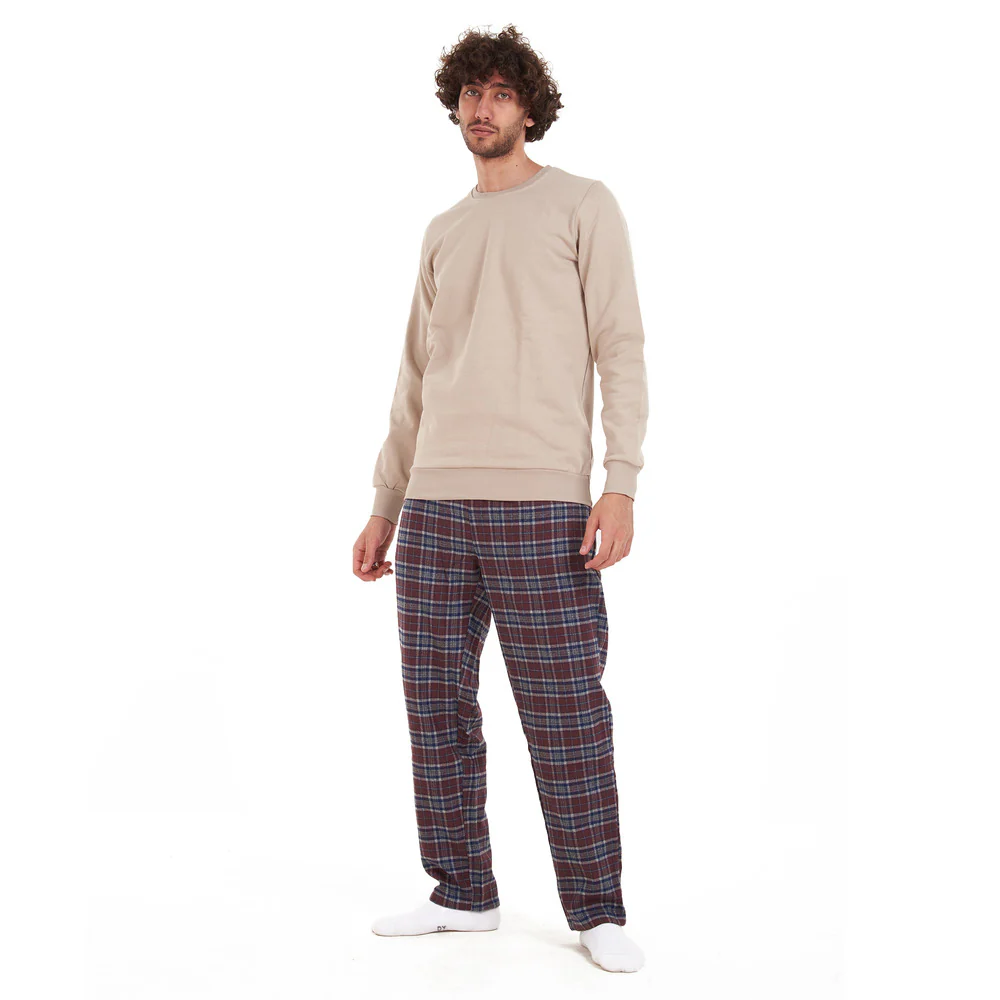 Men Winter Pajama Set Beige Shirt + Dark Red x Grey Checkered Pants - Image 2