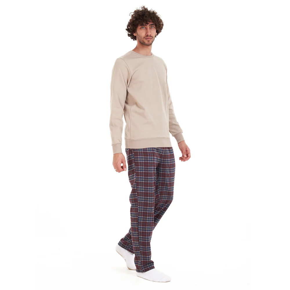 Men Winter Pajama Set Beige Shirt + Dark Red x Grey Checkered Pants - Image 3