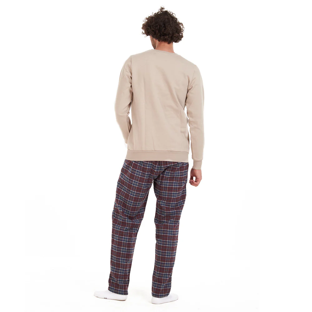 Men Winter Pajama Set Beige Shirt + Dark Red x Grey Checkered Pants - Image 4