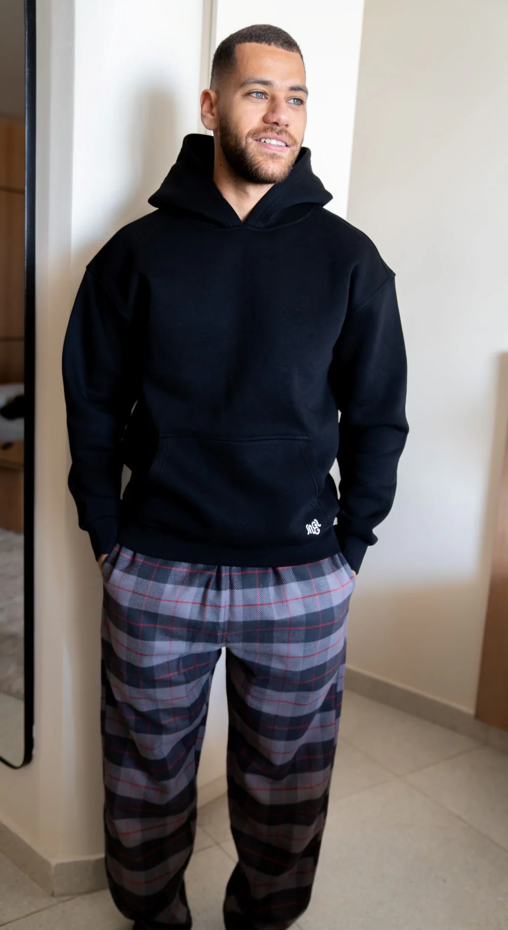 Men Winter Pajama Set Black Hoodie + Black X Indigo Checkered Pants - Image 2