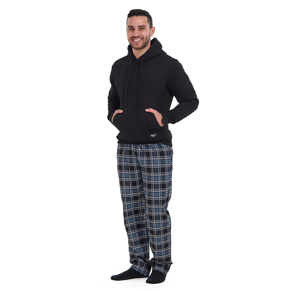 Men Winter Pajama Set Black Hoodie + Black x Indigo Checkered Pants