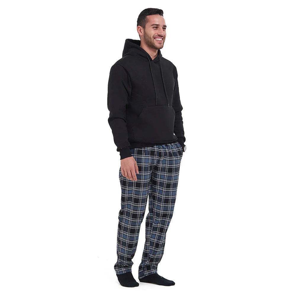 Men Winter Pajama Set Black Hoodie + Black x Indigo Checkered Pants - Image 2