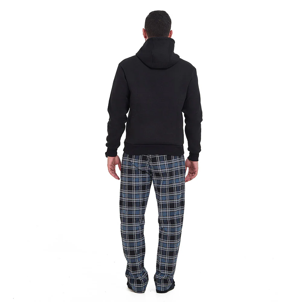 Men Winter Pajama Set Black Hoodie + Black x Indigo Checkered Pants - Image 3