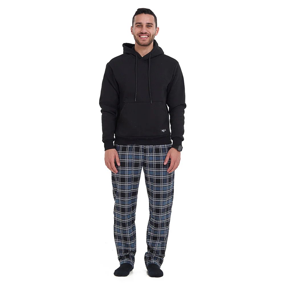 Men Winter Pajama Set Black Hoodie + Black x Indigo Checkered Pants - Image 4