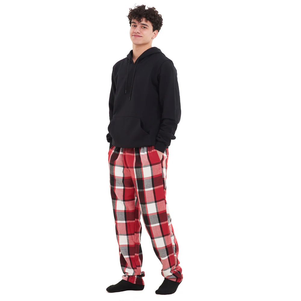 Men Winter Pajama Set Black Hoodie + Black x Red Checkered Pants - Image 2