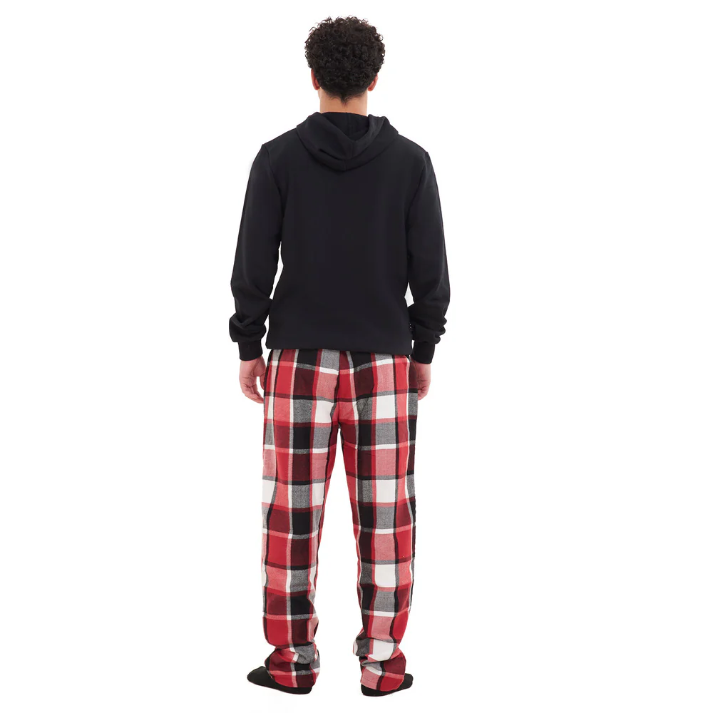 Men Winter Pajama Set Black Hoodie + Black x Red Checkered Pants - Image 3