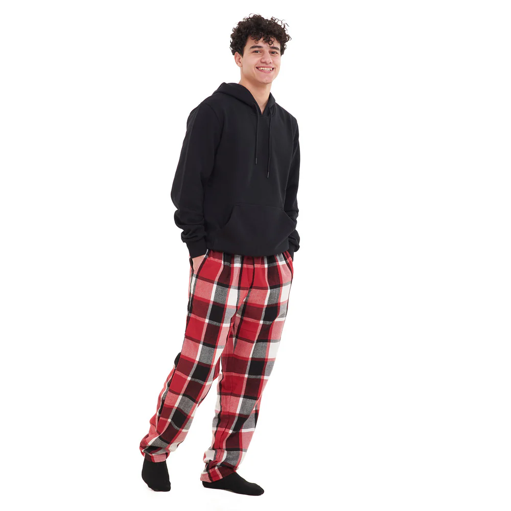 Men Winter Pajama Set Black Hoodie + Black x Red Checkered Pants - Image 4