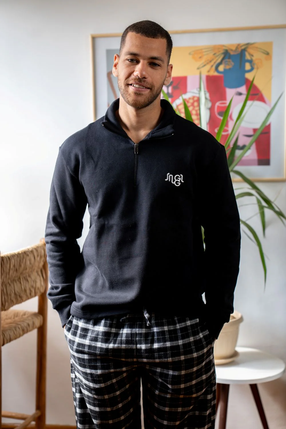 Men Winter Pajama Set Black Top +Black X White Checkered  Pants - Image 2