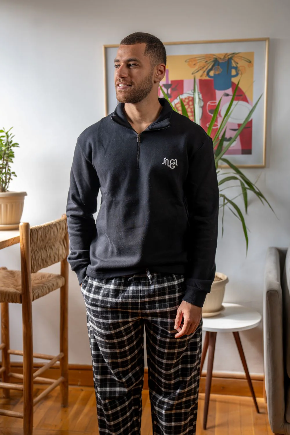 Men Winter Pajama Set Black Top +Black X White Checkered  Pants - Image 3