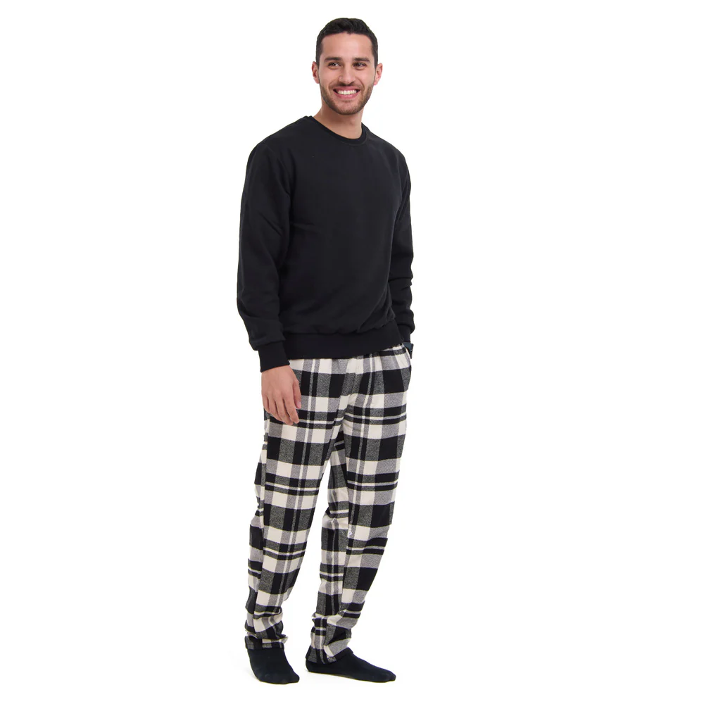 Men Winter Pajama Set Black Hoodie + Black x White Checkered Pants - Image 2