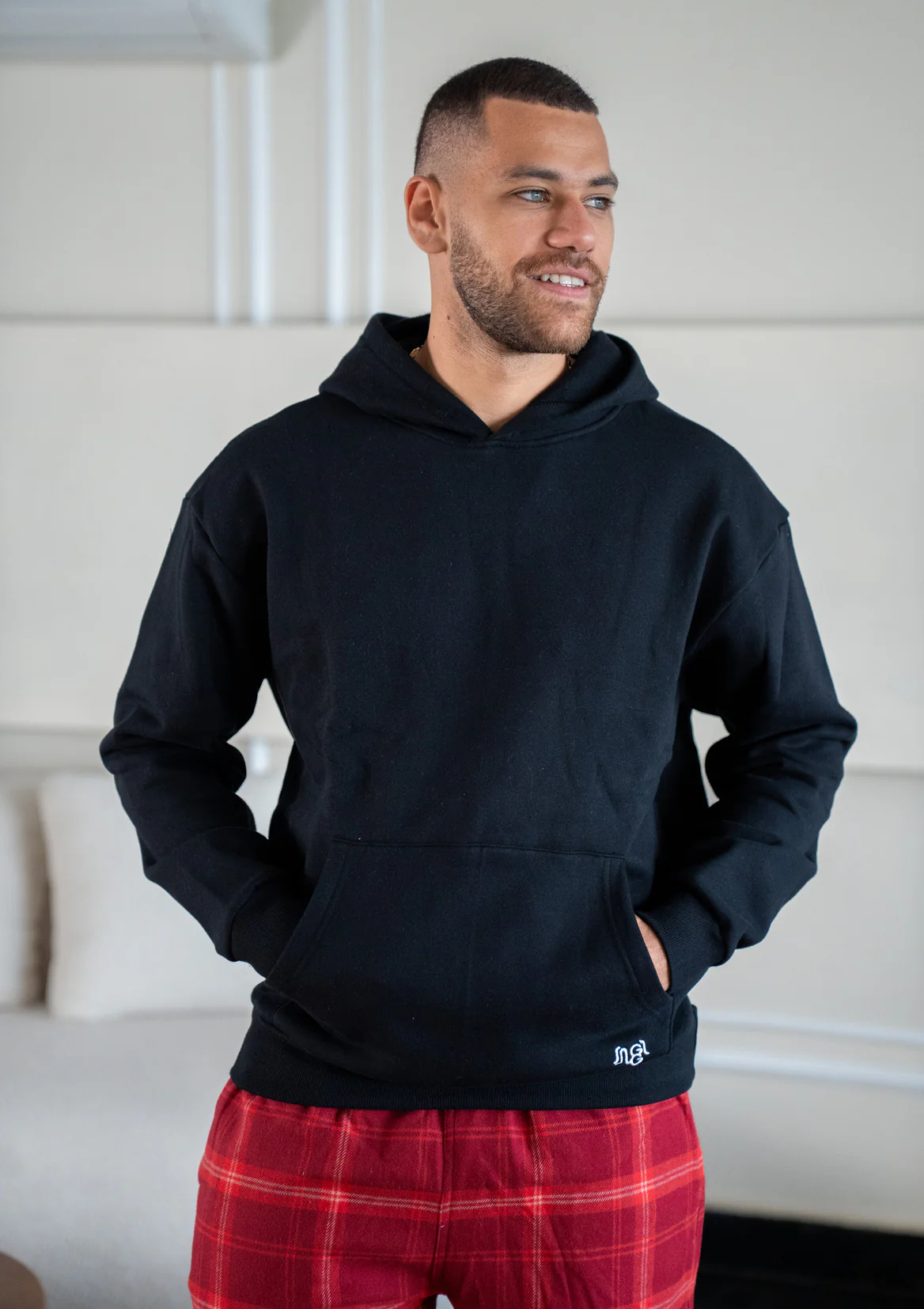 Men Winter Pajama Set Black Hoodie +Dark Red X White Checkered Pants - Image 2