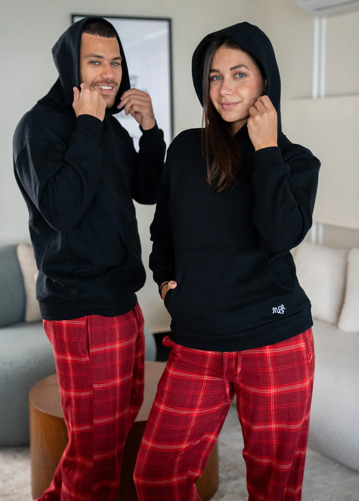 Men Winter Pajama Set Black Hoodie +Dark Red X White Checkered Pants - Image 4