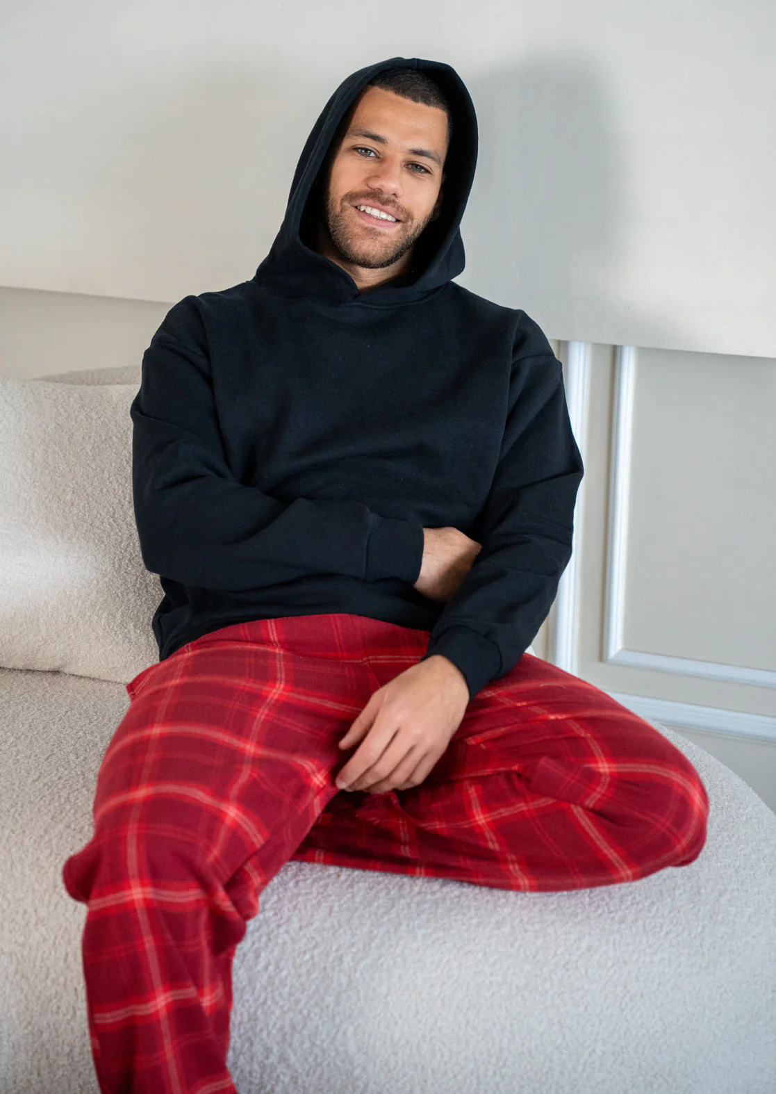 Men Winter Pajama Set Black Hoodie +Dark Red X White Checkered Pants - Image 5