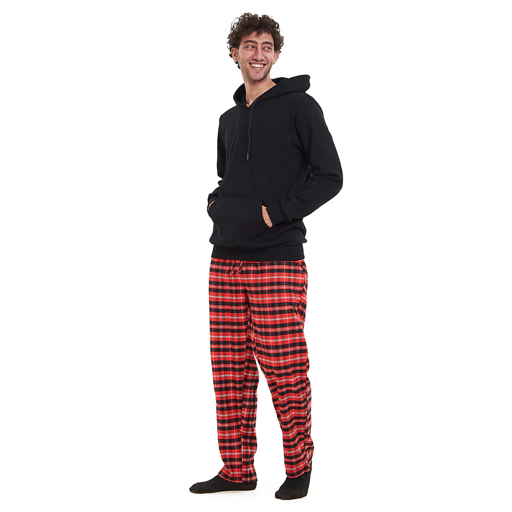 Men Winter Pajama Set Black Hoodie + Red x Black Checkered Pants - Image 2