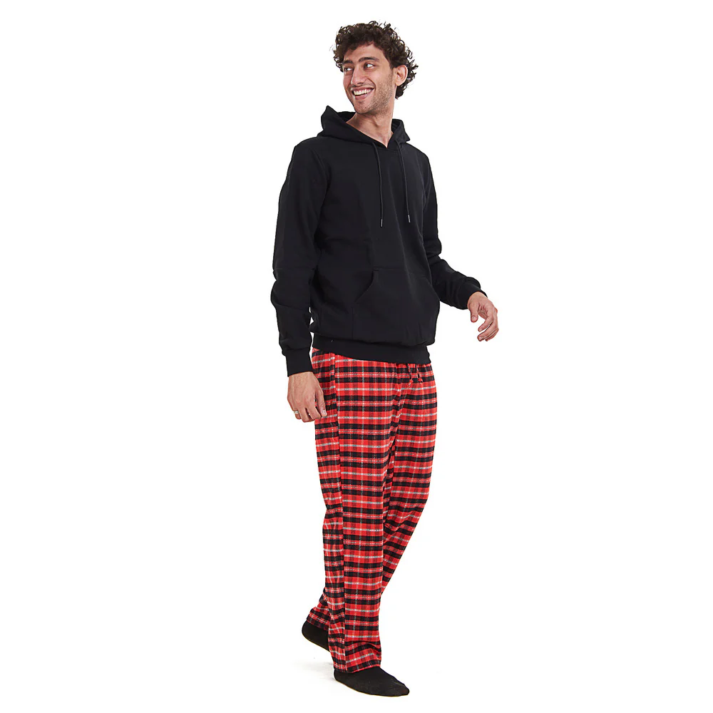 Men Winter Pajama Set Black Hoodie + Red x Black Checkered Pants - Image 3