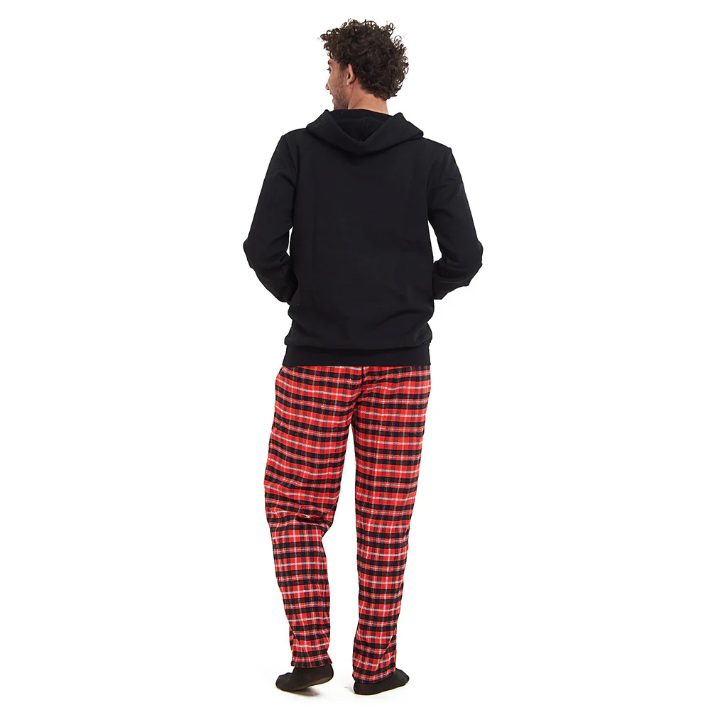 Men Winter Pajama Set Black Hoodie + Red x Black Checkered Pants - Image 4