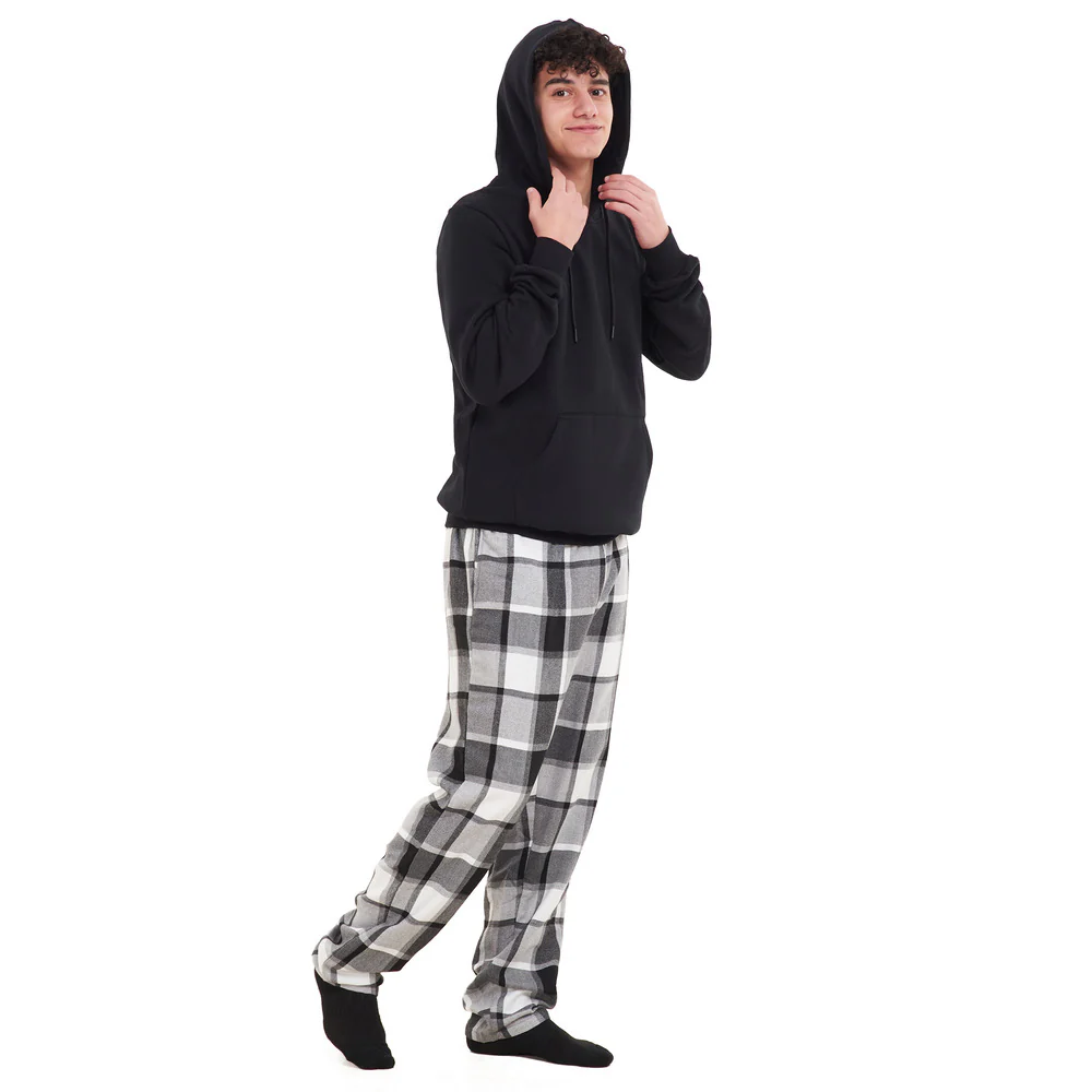 Men Winter Pajama Set Black Hoodie + White x Black Checkered Pants - Image 2