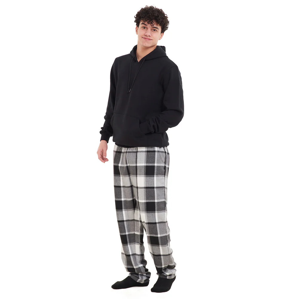 Men Winter Pajama Set Black Hoodie + White x Black Checkered Pants - Image 3