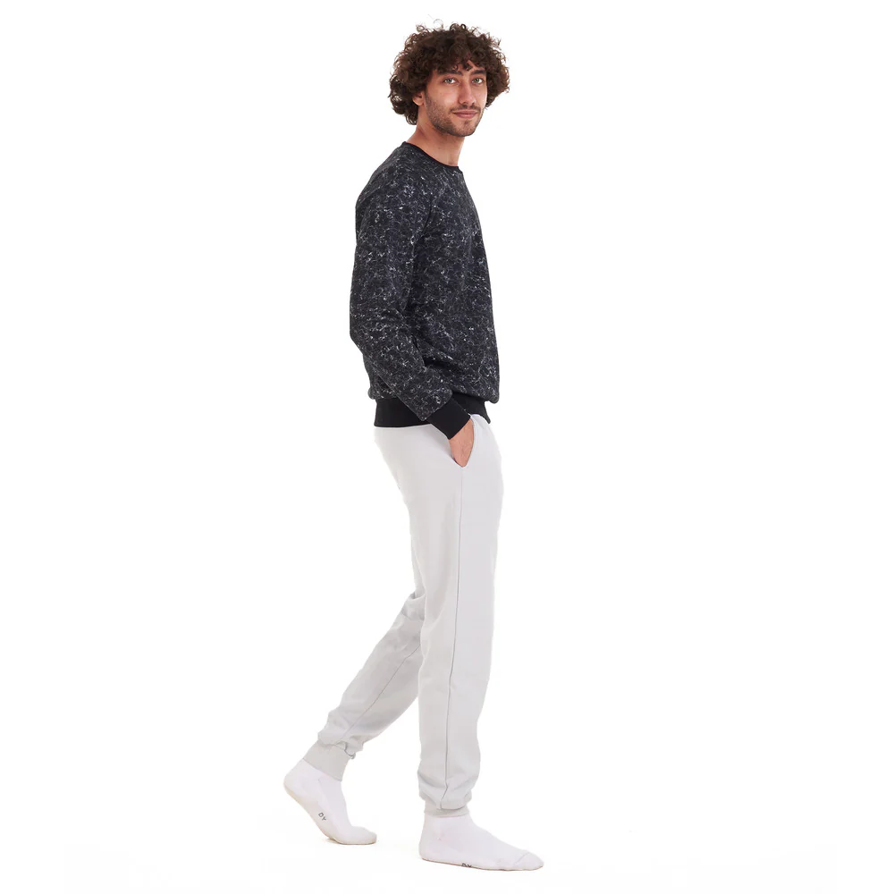 Men Winter Pajama Set Black Marble Shirt + Light Grey Pants - Image 2