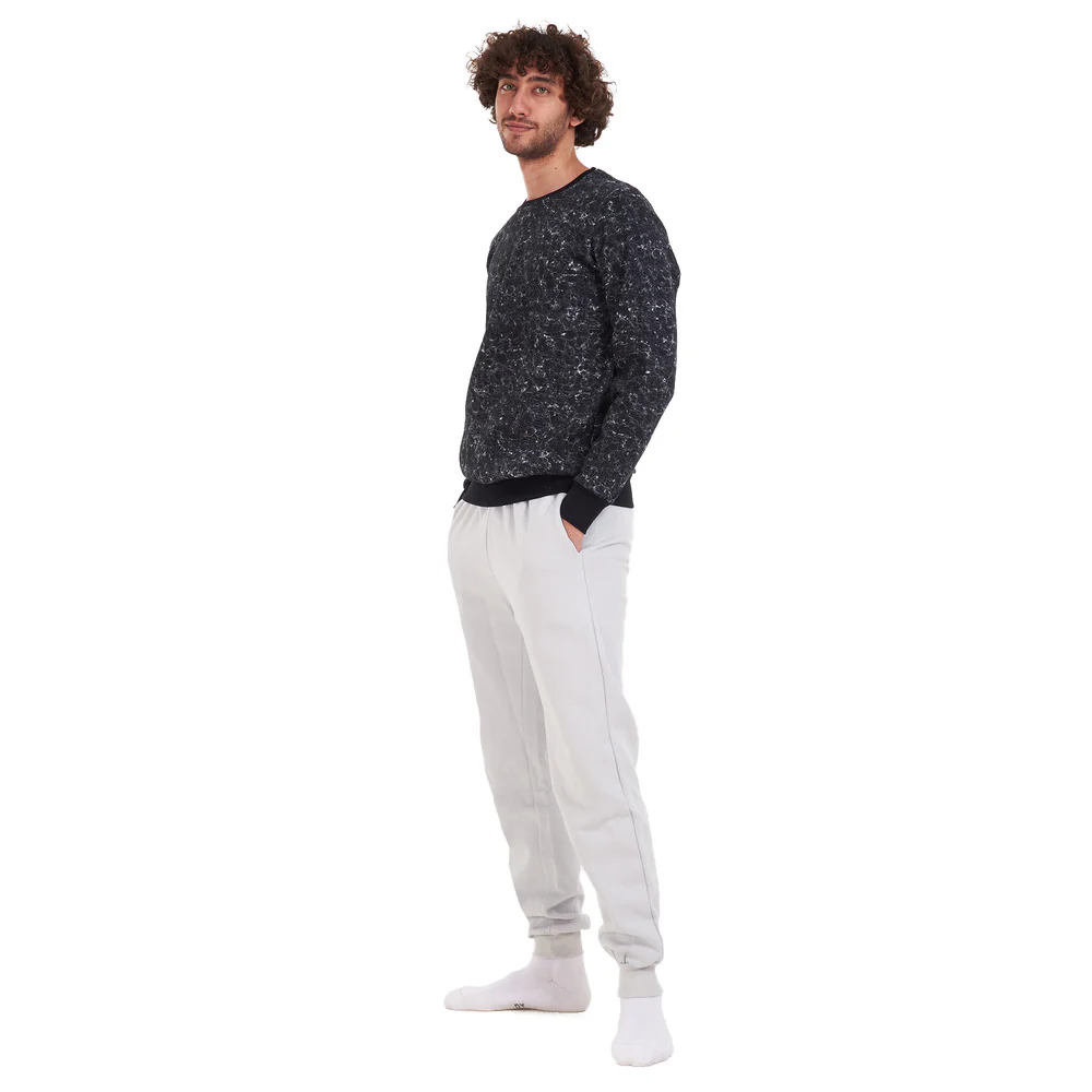 Men Winter Pajama Set Black Marble Shirt + Light Grey Pants - Image 3