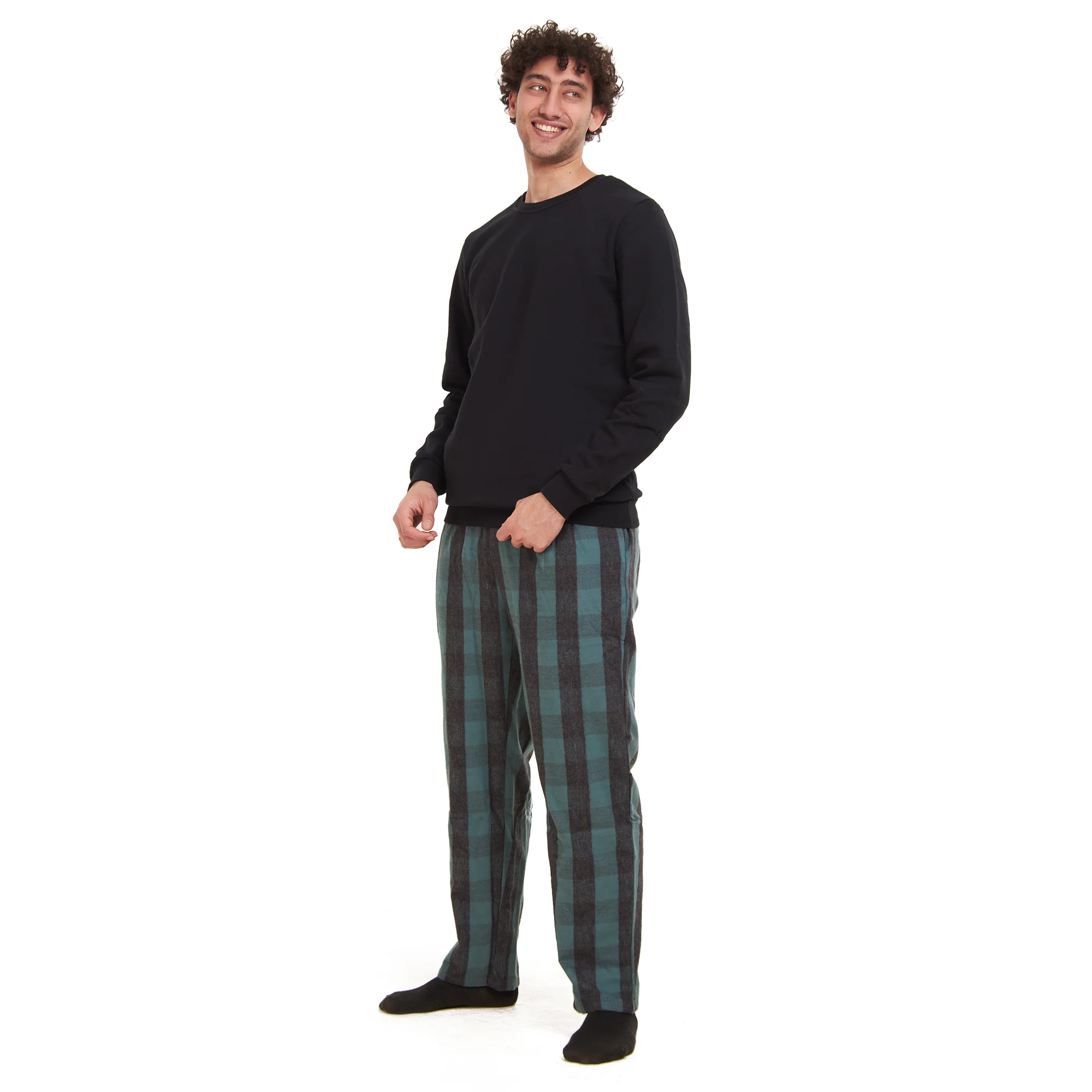 Men Winter Pajama Set Black Sweatshirt + Black x Dark Green Checkered Pants - Image 2