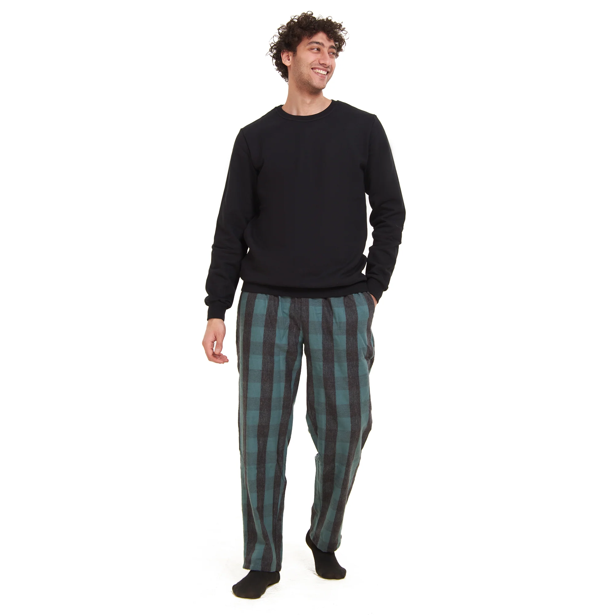 Men Winter Pajama Set Black Sweatshirt + Black x Dark Green Checkered Pants - Image 3