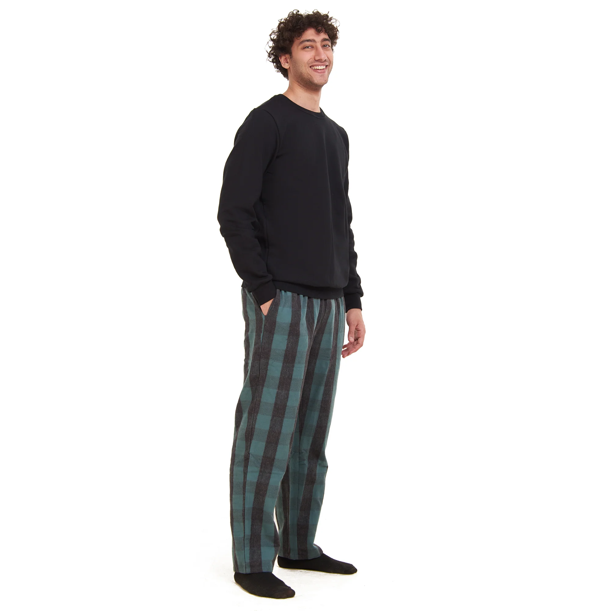 Men Winter Pajama Set Black Sweatshirt + Black x Dark Green Checkered Pants - Image 4