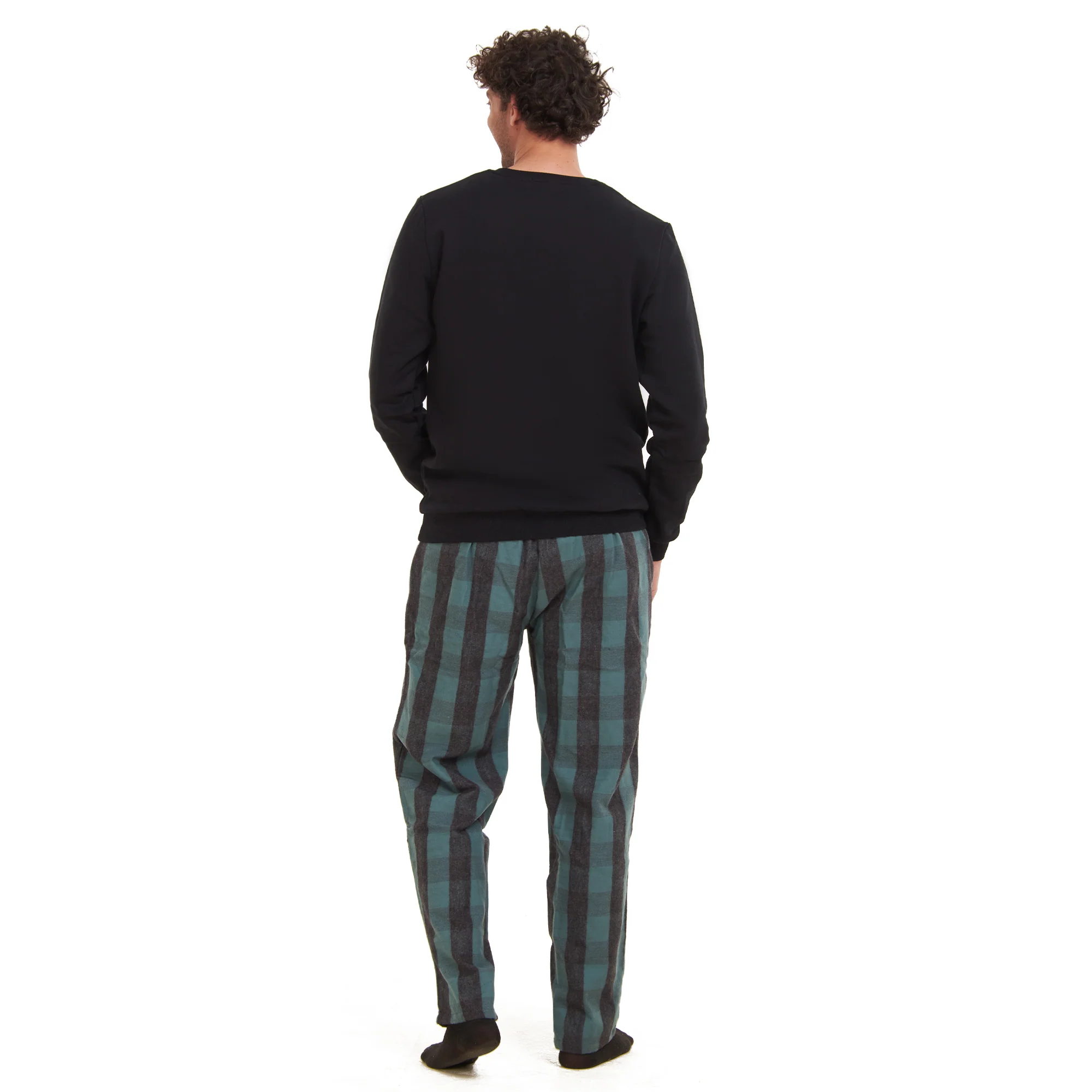 Men Winter Pajama Set Black Sweatshirt + Black x Dark Green Checkered Pants - Image 5