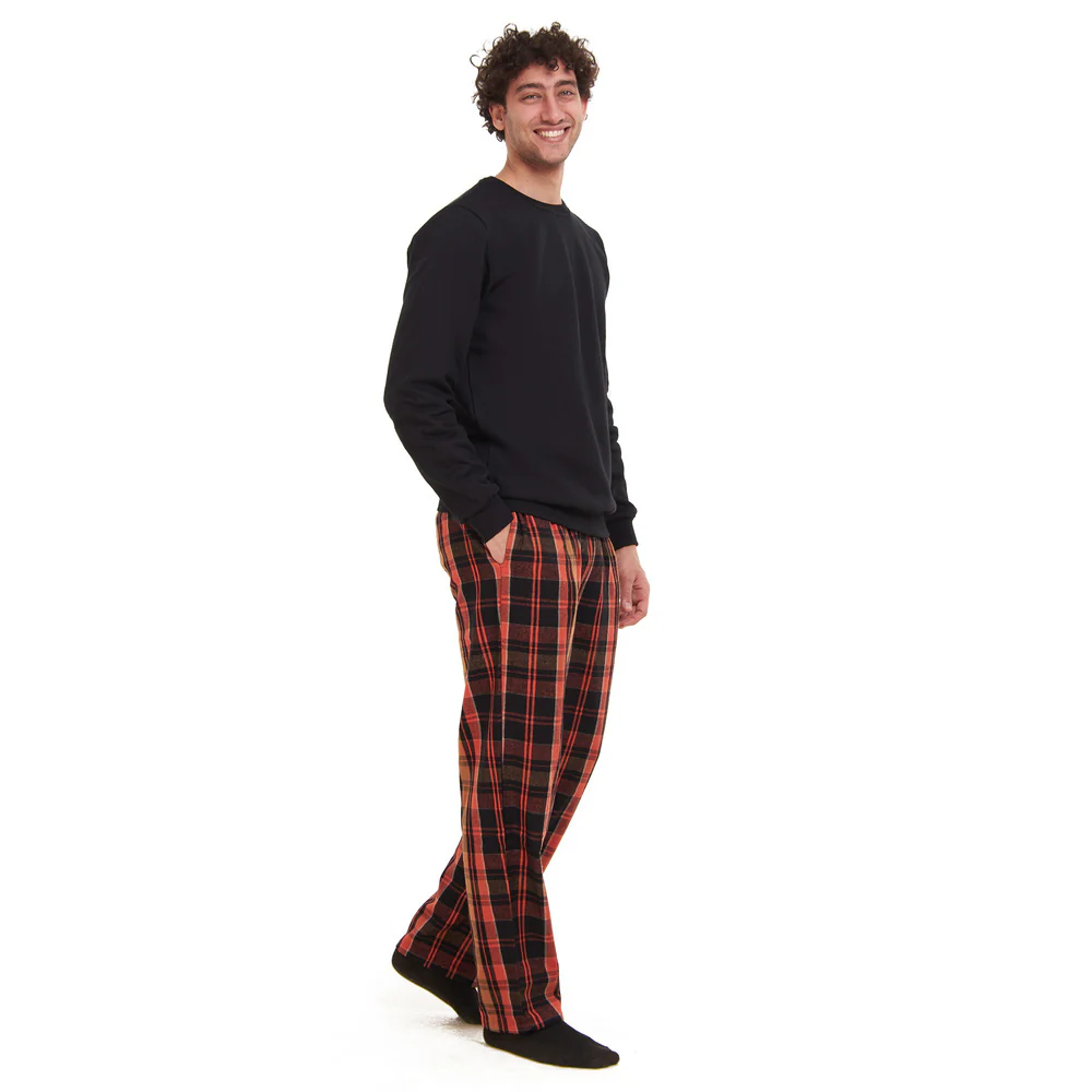 Men Winter Pajama Set Black Sweatshirt + Orange x Black Checkered Pants - Image 2